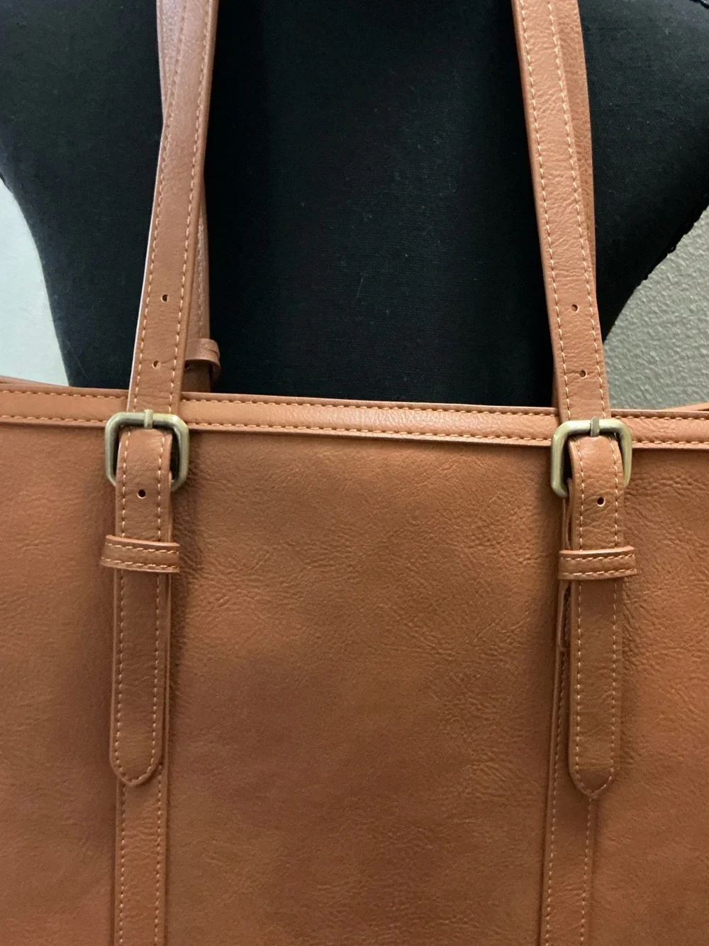 ECOSUSI Brown Vegan Leather Laptop Tote Work Bag 15.6” Tassel Purse